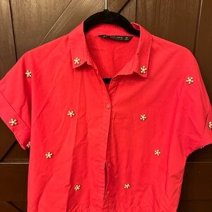 Bright pink Zara boxy top with pearl embellishment